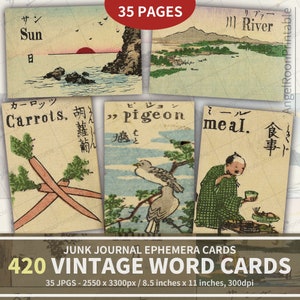 Paquete de diario basura con tarjetas de palabras antiguas / Juego de 420 insertos para álbum de recortes de vocabulario en inglés / Material efímero antiguo para aprender japonés / Marcapáginas antiguo