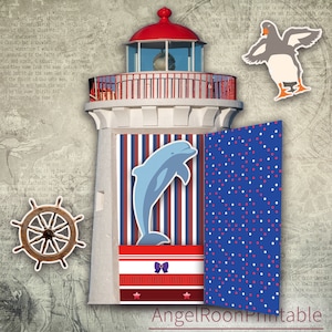 Bolsillo para diario basura Lighthouse / Kit de efímeras con sobres cargados para álbum de recortes Ocean Light House / Carpeta Sailor Folio con inserto de delfín y marcapáginas