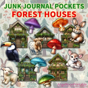 Étiquettes de poche pour journal indésirable Maisons forestières - Enveloppe chargée nature, albums éphémères de scrapbooking plantes et animaux, insert champignons, folio, chemise