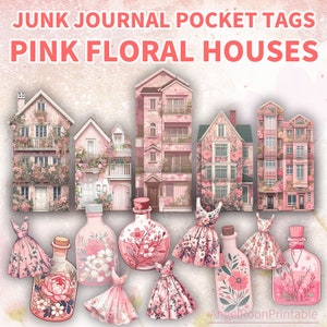 Tagi kieszonkowe do dziennika Pink House Junk | Album ze scrapbookami Floral Blossom | Koperta z materiałami ulotnymi | Cyfrowa wkładka do pobrania z kwiatami | Folder folio