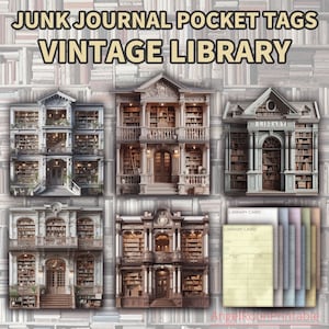 Vintage Library Junk Journal Pocket Tags, Library Cards, Gift for Book Lovers Bookworms, Loaded Envelope, Folio, Ephemera, Scrapbook Insert