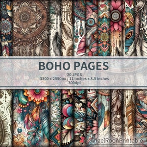 Pakiet papieru Boho Junk Journal | Zestaw stron tła Boho Scrapbook | Kolorowy, hipisowski, dekoracyjny arkusz cyfrowy | Zniszczona mandala kwiatowa