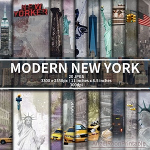 Papier de journal indésirable New York moderne, page d'arrière-plan de scrapbooking États-Unis, américain, Amérique, téléchargement immédiat, papier numérique, carte postale