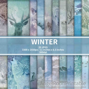Pack de papier journal bleu hiver indésirable | Pack de pages d'arrière-plan pour scrapbooking sur neige | Papier numérique décoratif glacé |  Noël Noël Saison Animal
