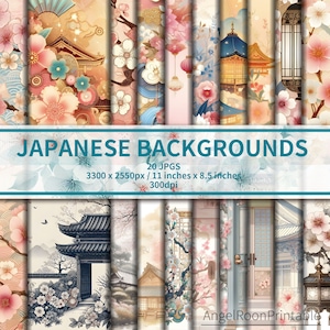 Kit de pages d'arrière-plan pour scrapbooking japonais | Paquet de papier journal indésirable kimono | Drap décoratif en origami Ukiyoe Sakura | Japon numérique imprimable