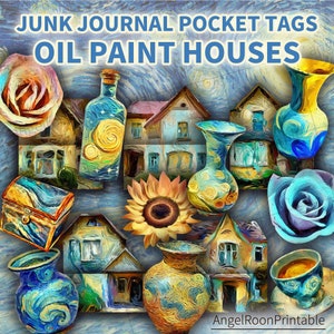 Etiquetas de bolsillo para diario basura con diseño de casa estilo Van Gogh / Álbum de recortes digital con pintura al óleo / Sobre cargado / Tarjeta de inserción con ilustraciones