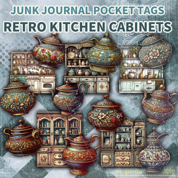 Retro Kitchen Cabinet Digital Junk Journal Pocket Tags, Vintage Cupboard Loaded Envelope, Ephemera Kit, Folding Folio, Scrapbook Pack, Shelf