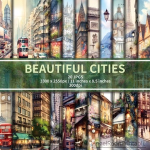Bellissimo City Street Junk Journal Paper Pack / Cityscape Scene Scrapbook Decorative Page Kit / Set di fogli di sfondo digitale per viaggi nel mondo