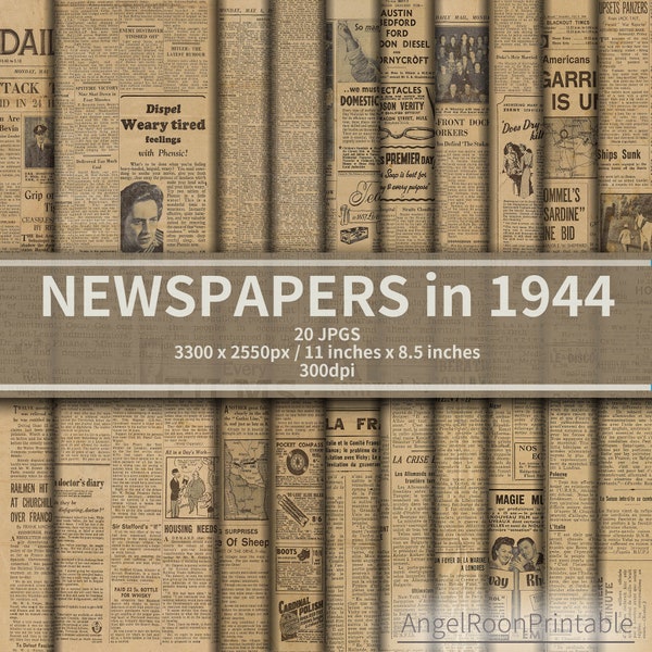 1944 Vintage Newspapers Junk Journal Paper Kit, Old Scrapbook Background Page, Printable, Digital, Newsprints, Documents, Digital, Shabby