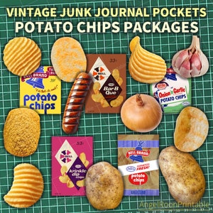 Tasche e biglietti per diario di pacchetti di snack retrò / Etichetta per busta carica di album di ritagli di patatine / Effimera di sacchetti di patatine vintage / Inserto per cartella