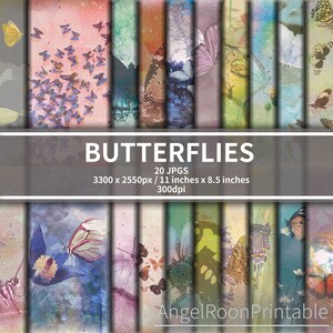Ensemble de pages de carnet d'art papillon | Ensemble de papiers de fond colorés pour scrapbooking | Papier numérique conte de fées nature | Drap floral conte de fées