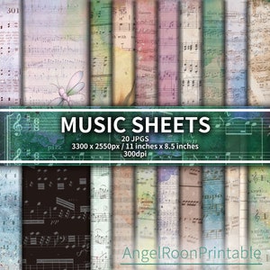 Kit de páginas de diario basura con partituras musicales teñidas, paquete de páginas de fondo de álbum de recortes teñidas, antiguo, anotaciones, vintage, papel digital, estético, kit de arte