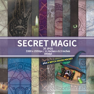 Witch Junk Journal Printable Kit: Secret Magic 20-Page Pack + a Witch House Pocket, Digital Paper, Folio,Envelope,Magic,Mysterious,Ephemera