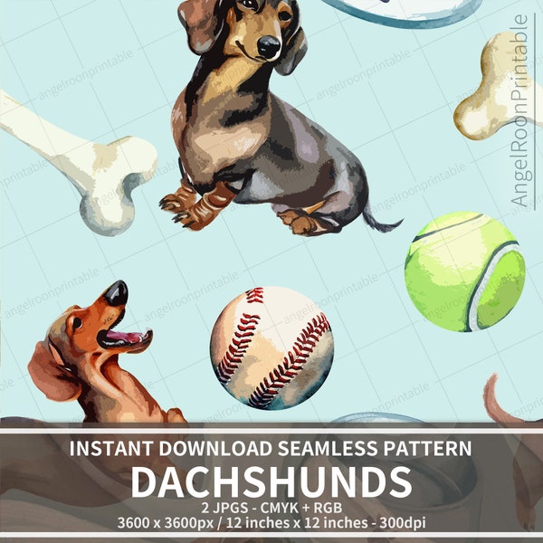 Dachshunds Seamless Pattern, Tiling Pattern, Dog Digital Paper, Watercolour Background, Dog Lover Gift, Fabric, High Resolution File