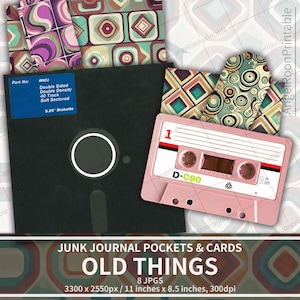Retro Item Junk Journal Pocket & Card Kit | Vintage Computer Floppy Disk, Cassette Loaded Envelope Scrapbook Ephemera | Folio Folder Tuck