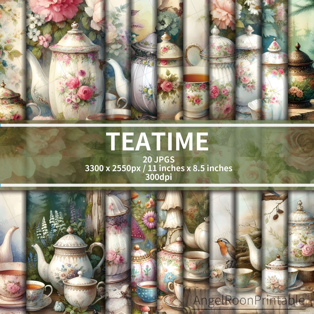 Teatime Junk Journal Page Kit, Shabby Tea Time Scrapbook Background