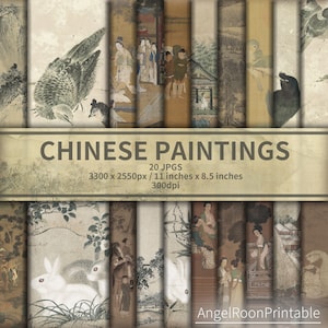 Pacchetto di carta per diario cinese con vernice cinese / Kit di sfondo per album di ritagli con pittura cinese vintage / Set di fogli digitali con inchiostro ad acqua asiatico / Arte antica