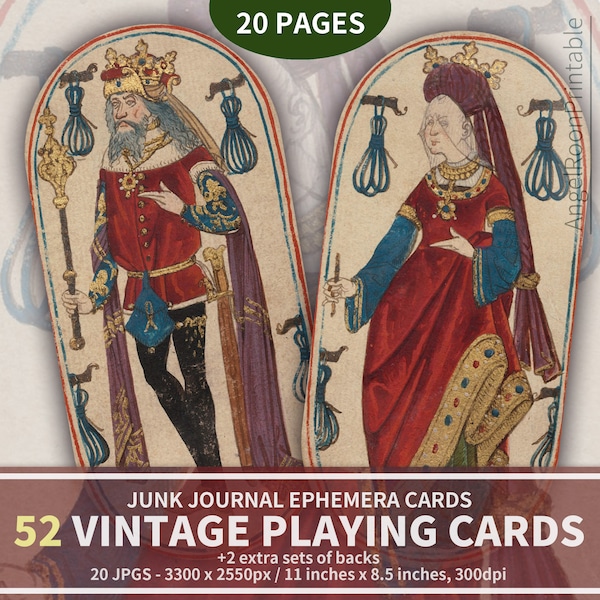 52 Playing Cards Deck, Pocker Cards, Vintage Ephemera, Junk Journal Kit, Printable Scrapbook Set, Instant Download, ATC, Queens & Kings