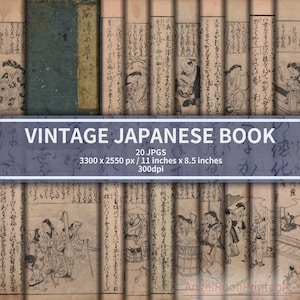 Papel de diario basura de libro japonés antiguo / Página de fondo de álbum de recortes teñida / Kit de hojas decorativas de escritura a mano con caligrafía japonesa / Manuscrito
