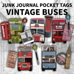 Vintage Bus Junk-Journal Taschenanhänger, alter Doppeldecker, London, Großbritannien, Stau, beladener Umschlag, Ephemera, Verzierung, Einsteckfach