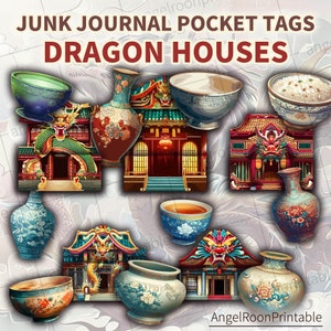 Etiquetas de bolsillo para diario basura de Asian Dragon House / Álbum de recortes con historias de mitos tradicionales orientales, sobres cargados, inserto de folio de viaje