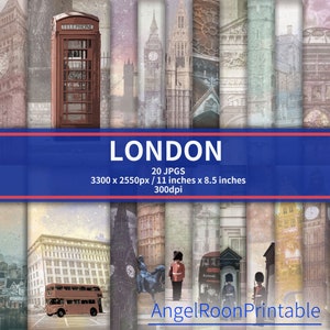 London Junk Journal Page Pack, set di carta digitale Gran Bretagna, kit di pagine di sfondo per album di ritagli del Regno Unito, London Bridge, UK Queen