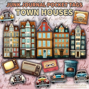 Vintage Junk Journal Pocket Tags, Europe Town House Scrapbook Loaded Envelope, Downloadable  Ephemera Kit, Townhouse Insert, Folio, Folder