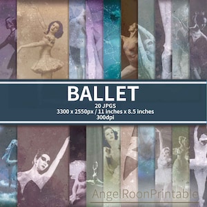 Pacchetto di carta per diario di balletto Junk / Set di pagine decorative per album di ritagli di danza vintage / Kit di sfondo in carta digitale con bellissima ballerina / Arte tinta