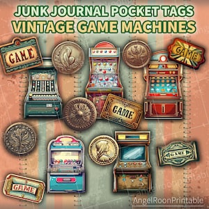 Vintage Game Machines Junk Journal Pocket Tags Kit, retro, gamer, plakboek, wenskaart, cadeau, geladen envelop, kortstondige, invoegen, folio