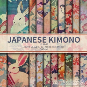 Kimono Junk Journal Papier Kit | Traditionelles Japanisches Scrapbook Seiten Set | Japan-Kaninchen Blumen Digitales Papier | Origami Blumen Hintergrund