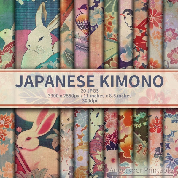 Kimono Junk Journal Paper, Traditional Japanese Scrapbook Page, Japan Floral Digital Paper, Rabbit, Origami Flower, Printable, Downloadable