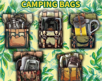 Summer Camping Bags Junk Journal Pocket Tags, Backpack, Backpacker, Tuck, Cards, Outdoor, Travel, Folio, Loaded Envelope, Scrapbook Ephemera