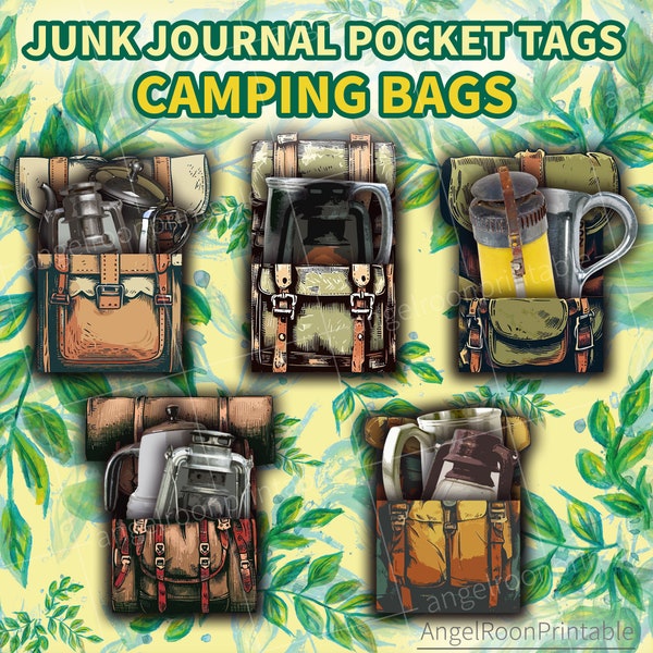 Summer Camping Bags Junk Journal Pocket Tags, Backpack, Backpacker, Tuck, Cards, Outdoor, Travel, Folio, Loaded Envelope, Scrapbook Ephemera