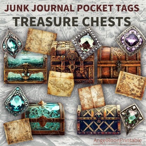 Étiquettes de poche pour journal de bord du coffre au trésor de pirate | Boîte à bijoux de luxe vintage avec pochette pour scrapbooking | Carte éphémère à insérer | Imprimable