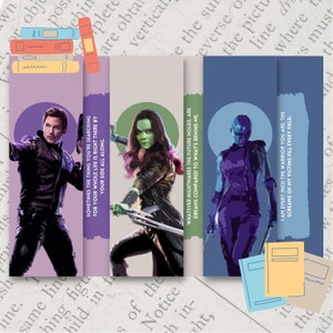 May include: Four colorful bookmarks featuring characters from a popular movie franchise. Each bookmark has a quote from the character. The first bookmark is purple and features a man with a blue jacket and a purple shirt. The second bookmark is green and features a woman with green skin and a green and brown outfit. The third bookmark is blue and features a woman with blue skin and a purple and blue outfit. The fourth bookmark is yellow and features a woman with blue skin and a purple and blue outfit.