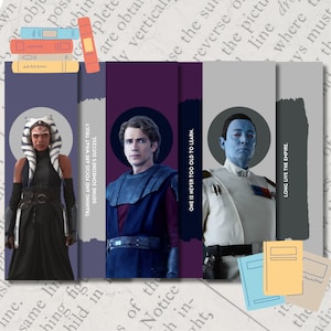 May include: Four printable bookmarks featuring Star Wars characters. The bookmarks are purple, gray, and blue with white text. The text on the bookmarks reads "Training and focus are what truly define someone's success", "One is never too old to learn", "Long live the empire", and "Training and focus are what truly define someone's success".
