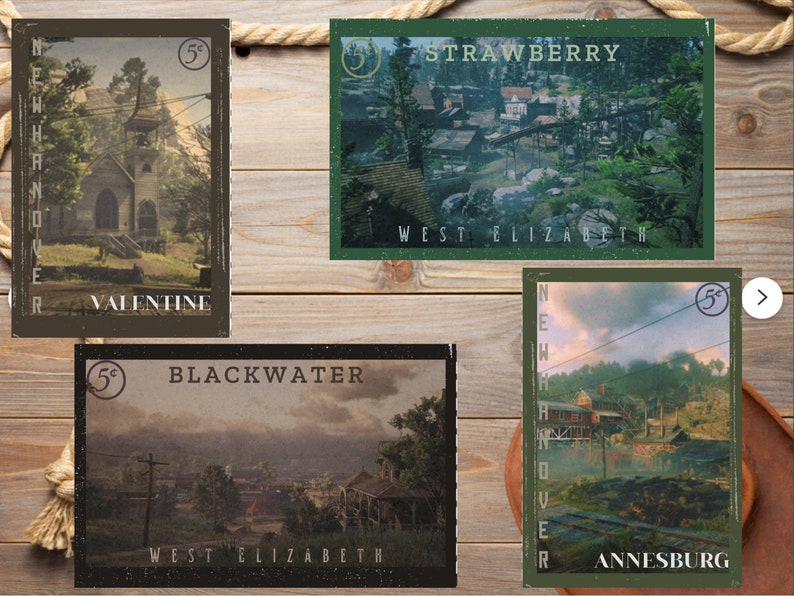May include: Four vintage-style postcards featuring different towns from the video game Red Dead Redemption 2. Each postcard has a 5&cent; stamp in the top right corner and the town name printed below the image. The towns featured are Valentine, Strawberry, Blackwater, and Annesburg.
