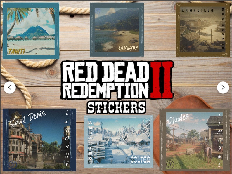 May include: Red Dead Redemption II sticker set featuring various locations from the game, including Saint Denis, Tahiti, Armadillo, Rhodes, and Colter. The stickers are printed on a white background with a vintage-style border.