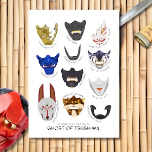 Ghost of Tsushima Art Print / Samurai Masks / Jin Sakai The Ghost / Gaming Poster / Gamer Wall Art