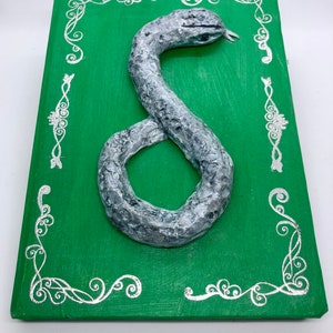 Peut inclure: Un livre vert avec un serpent argenté sur la couverture. Le serpent est enroulé et présente une texture détaillée. Le livre a une bordure argentée avec des volutes décoratives.