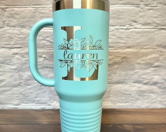 Personalized 40oz Tumbler with Handle, Lid & Straw, Custom Stainless-Steel Tumbler, Lead Free 40oz Mug, Engraved Name Tumbler, Large Tumbler