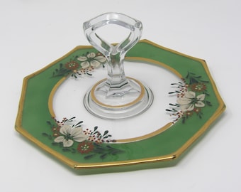 Vintage Glass Tidbit Tray Green and Gold Rimmed with Hand Painted Enamel Flowers 10" W