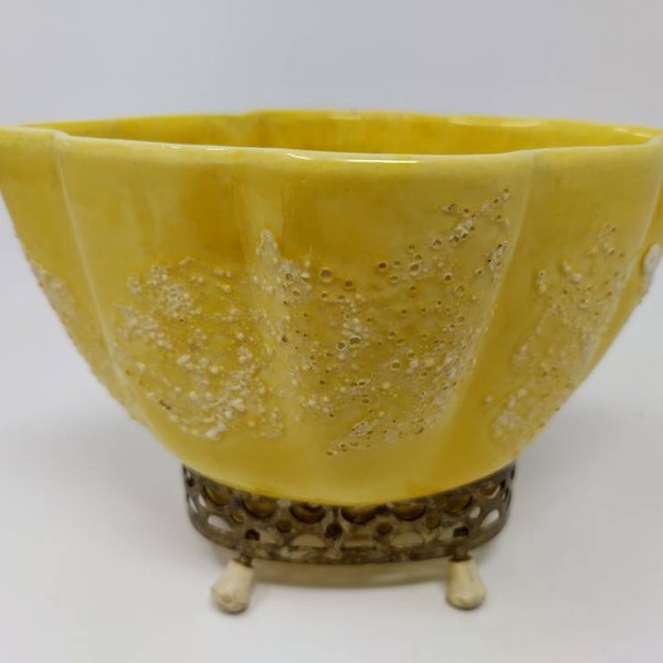 Vintage MCM Mid-Century Modern Yellow Splatter Glaze Vase Planter on Brass Stand 4" H x 6" W x 4" D