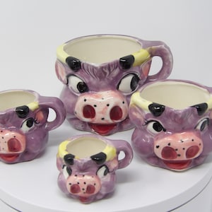 Vintage Hand Painted Thames Japan Purple Cow Measuring Cups 4 Piece Set