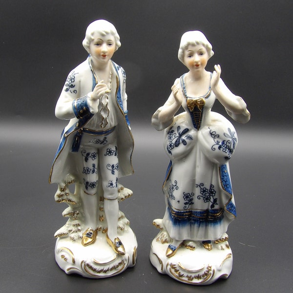 Vintage Pair Courting Couple Figurines White Blue Gold 8" H Ardco C-2917 Fine Quality Dallas Made in Japan