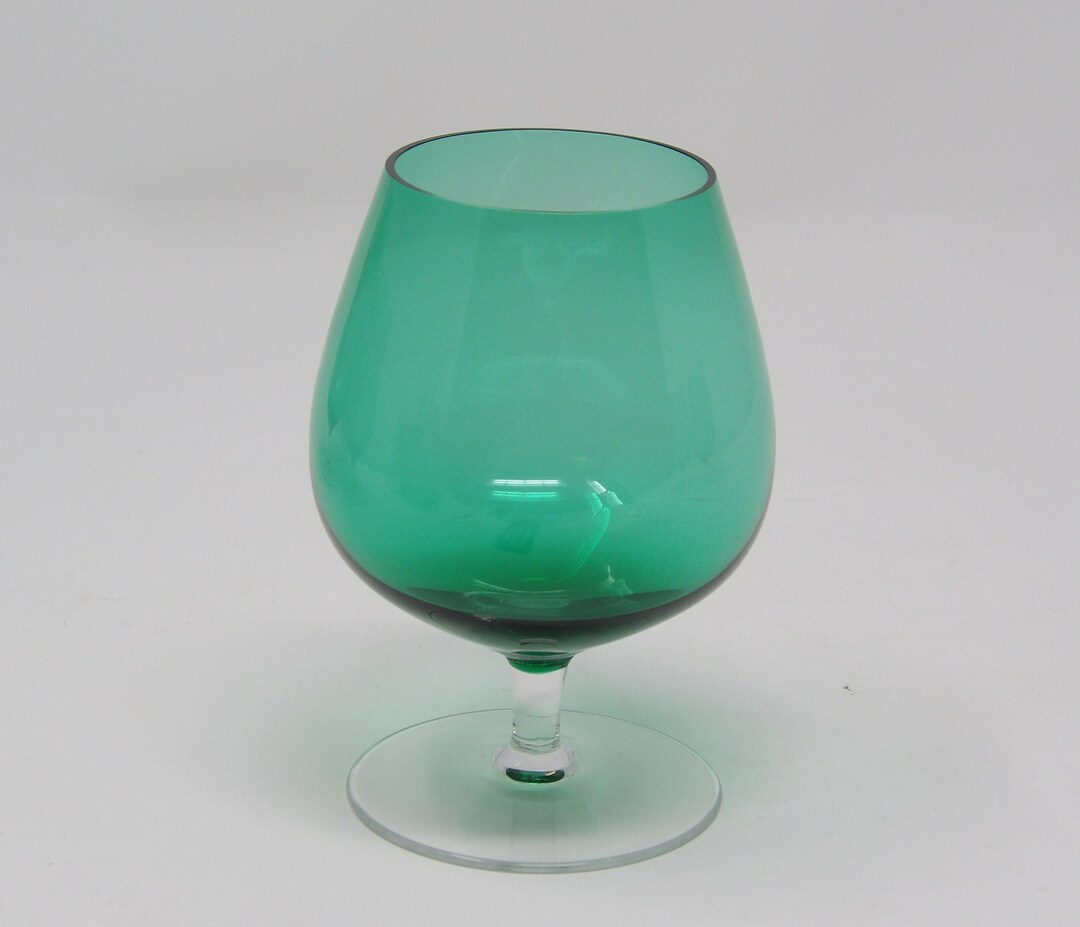 Vintage Green Bohemian Glass Brandy Snifters With Clear Stems Set of 6