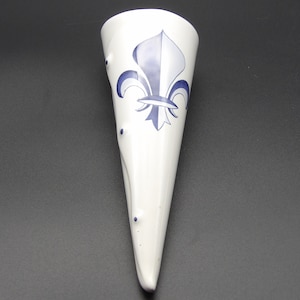 Vintage Faience d&#39;Art Reigional Lys KG France Wall Pocket Hanging Vase White with Blue Light Blue Fleur De Lis 9 1/4&quot; L x 2 1/2&quot; W
