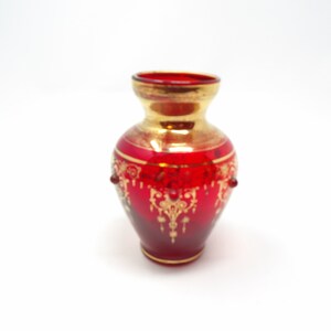 Vintage Hand Blown Red Glass Vase with Gold Design and Red Applied Glass Dots 4 1/4&quot; H x 3&quot; W Bottom Glows Orange