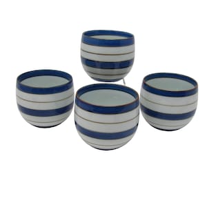 Vintage Porcelain Hakusan Pottery Ochawan Blue White & Gold Striped Tea Cups Set of 4 - 2 1/2&quot; H x 2 3/4&quot; W 6.5 Oz