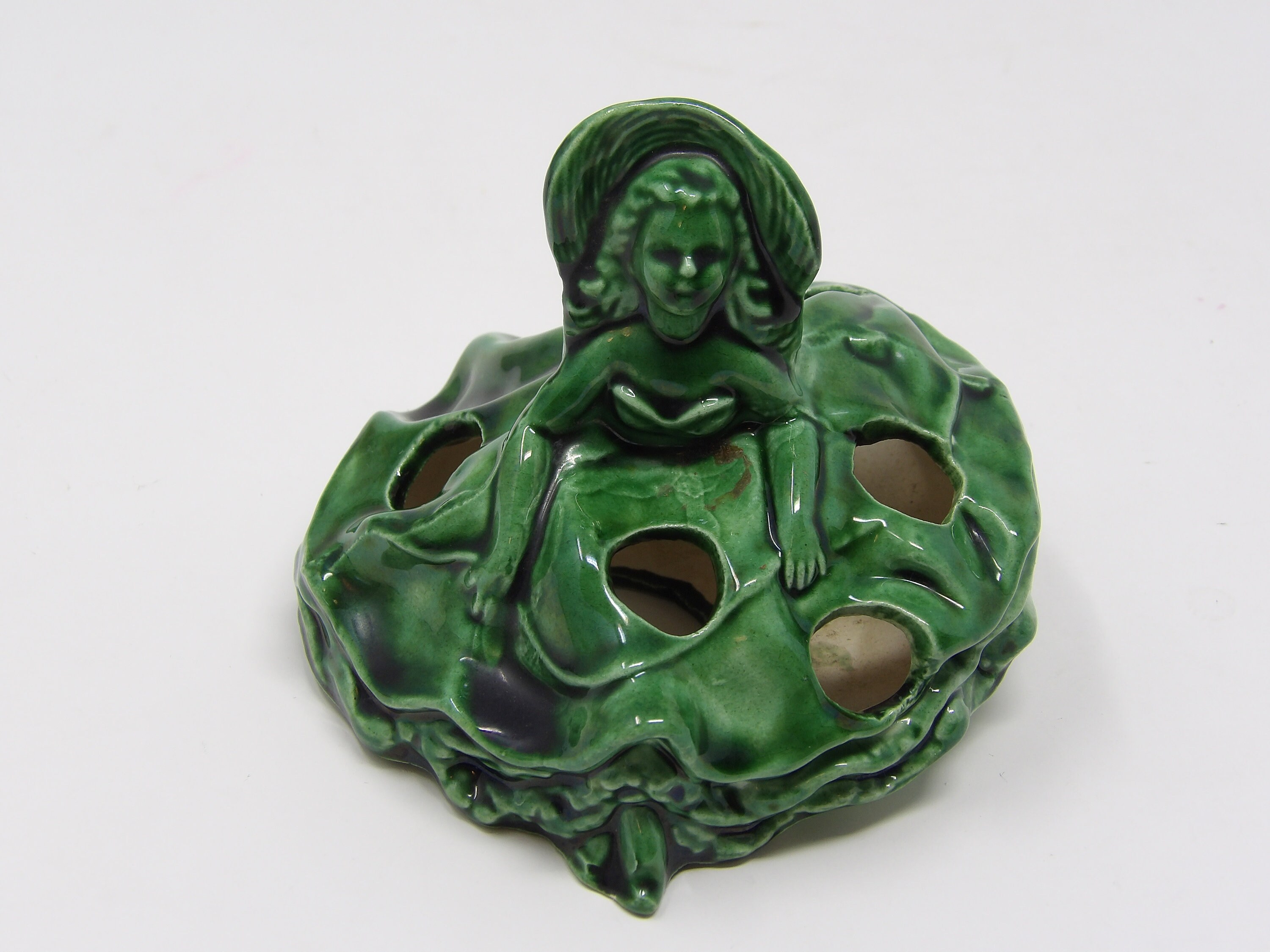 Antique 2pc Art Pottery Fulper? 15-Hole Figural Frog Form Flower Frog &  Bowl